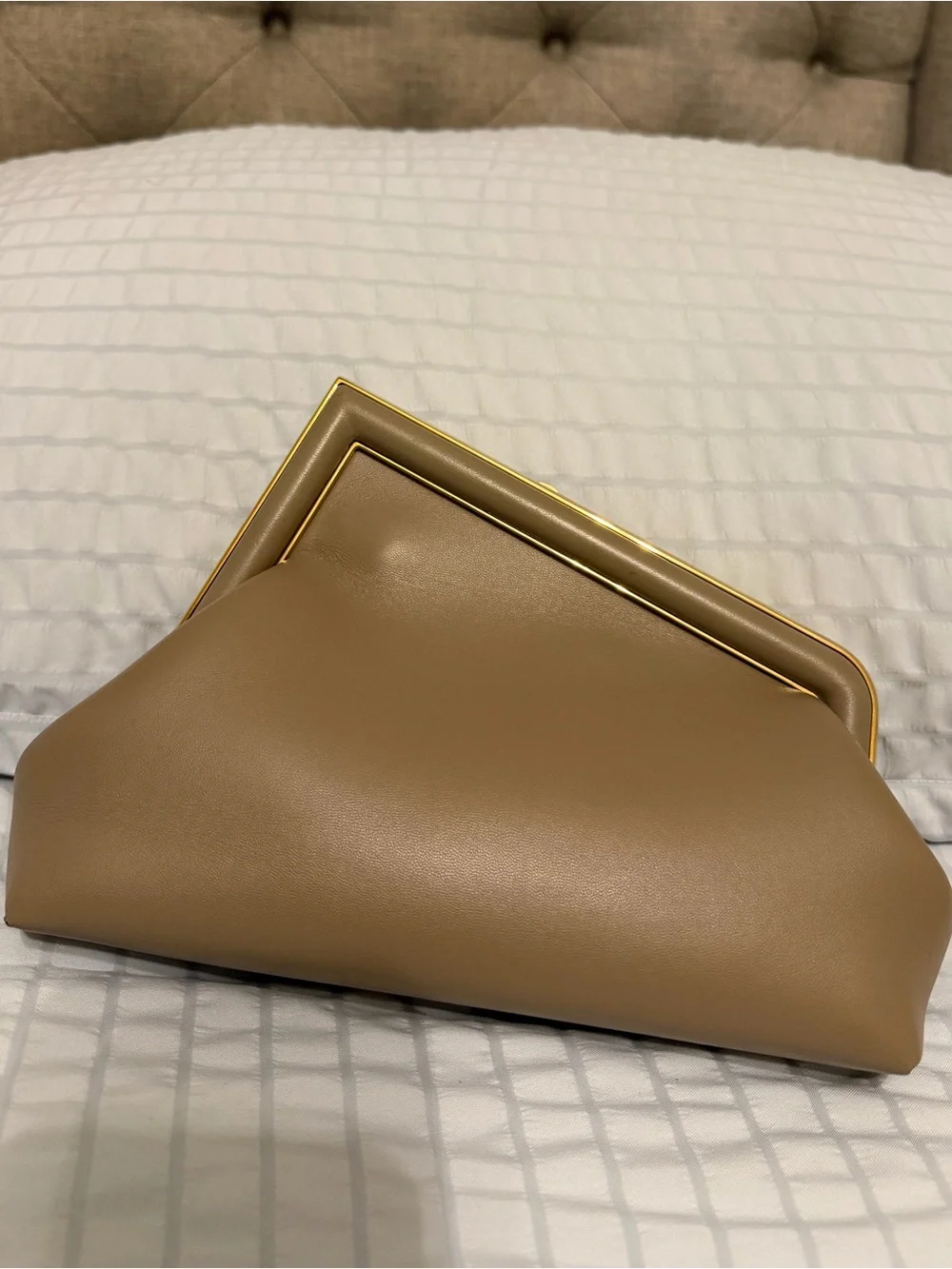 Fendi First Medium Taupe Leather Clutch with Gold Frame Trim
